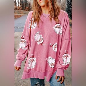 Carnation Pink Sequin Santa Drop Shoulder Slit Sweatshirt